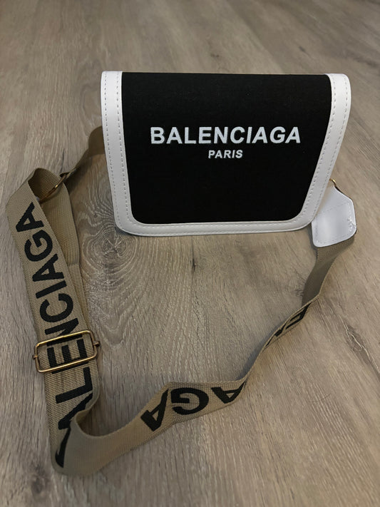 Balenciaga small square handbag, tan, black, and white