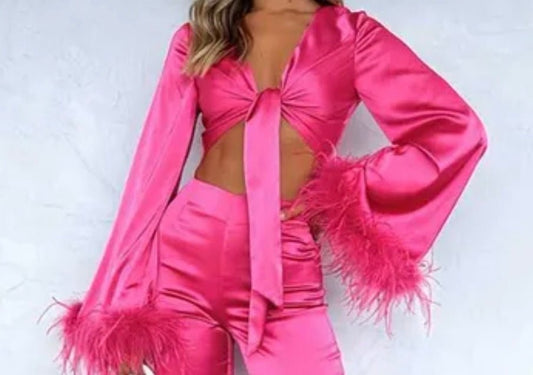 Nashville Barbie Silk crop Pink feather sleeve tie top - Tie Tops - Street Couture Vintage Boutique